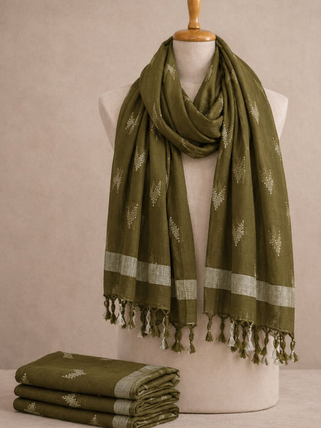 Linen Cotton Blend Zari Weaving Handloom Ikkat Dupatta (12021 Olive_Green)