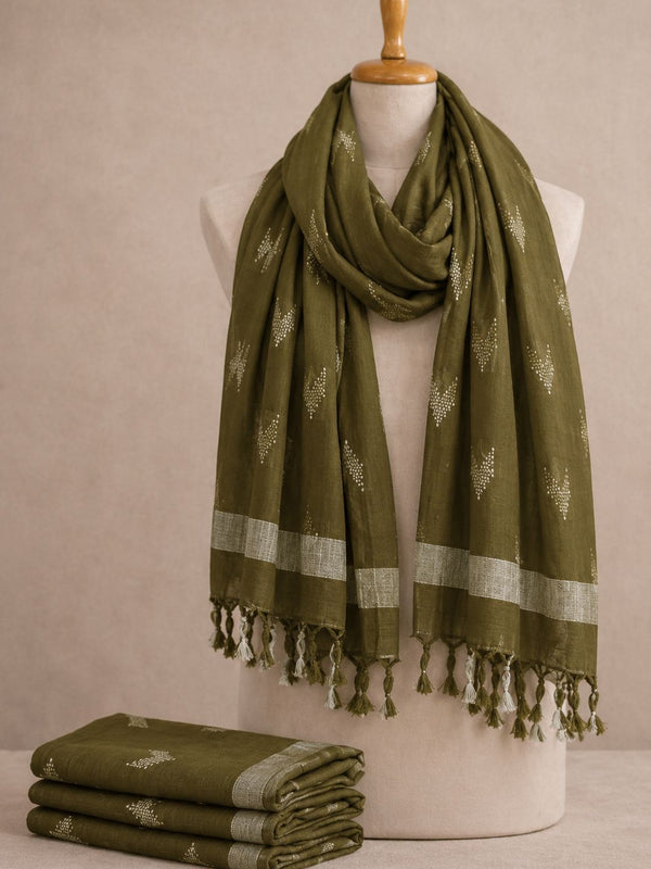 Linen Cotton Blend Zari Weaving Handloom Ikkat Dupatta (12021 Olive_Green)
