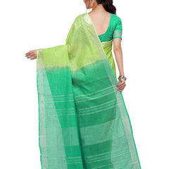 Lawn Green & Aquamarine Turquoise women's Handloom Bhagalpuri Cotton Slub Blend Two Dye Saree With Running Unstitched Blouse Piece - View 3
