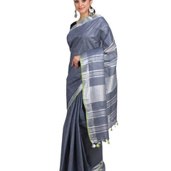 Linen Cotton Blend Contrast Handloom Bhagalpuri Saree (Grey-Parrot_Green) - View 2