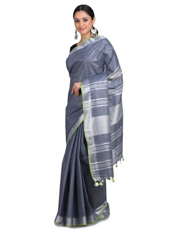 Linen Cotton Blend Contrast Handloom Bhagalpuri Saree (Grey-Parrot_Green) - View 2