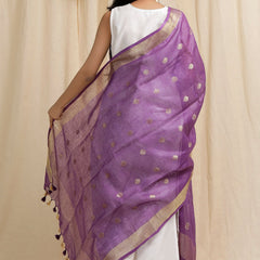 Gold Zari Handloom Linen Weaving Motif Dupatta for women's (Purple) - View 3