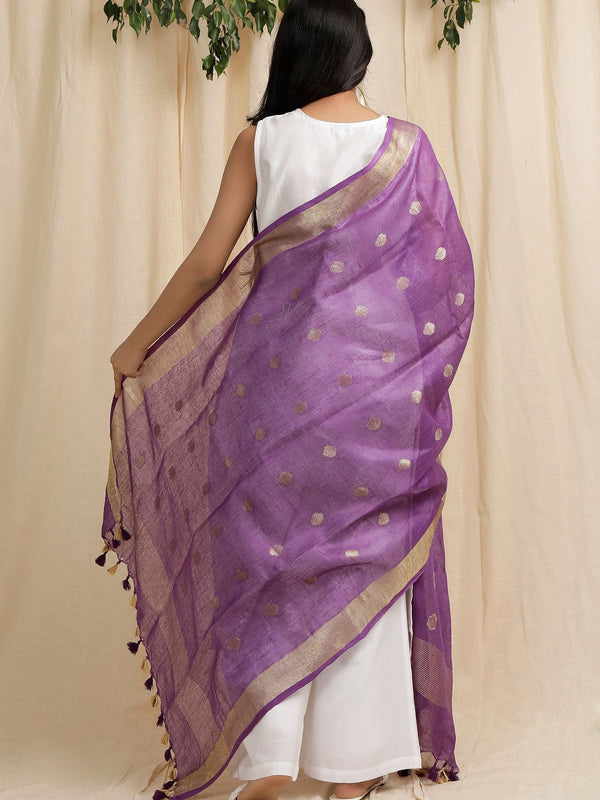 Gold Zari Handloom Linen Weaving Motif Dupatta for women's (Purple) - View 3