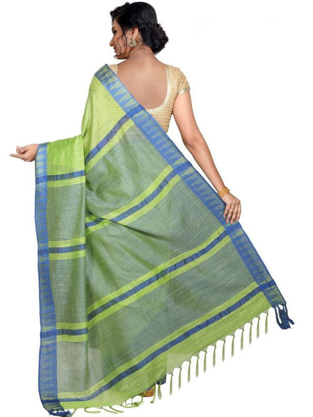 Green women's Bhagalpuri Handloom Kota Silk Temple Border Saree And Variation Of Colors With Striped Blouse Piece - View 4