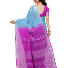 Pacific Cyan & Wild Strawberry women's Handloom Bhagalpuri Linen Blend Two Dye Saree With Running Unstitched Blouse Piece - View 4