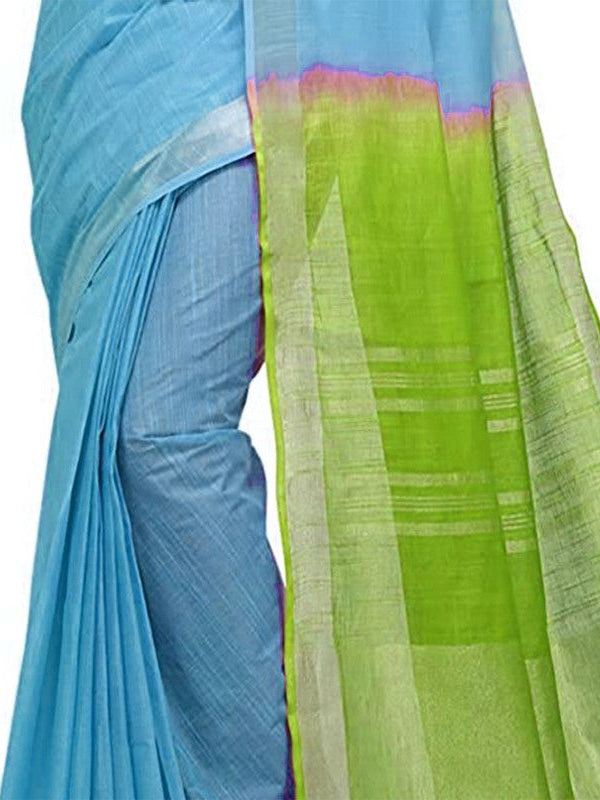 Cyan & Apple Green women's Bhagalpuri Handloom Pure Cotton Two Dye Saree With Running Unstitched Blouse Piece - View 5