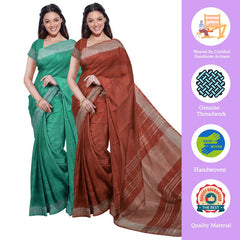 Mint Green & Sienna Orange women's Bhagalpuri Handloom Cotton-Linen Blend Saree Combo (Pack Of 2) With Running Unstiched Blouse Piece - View 2