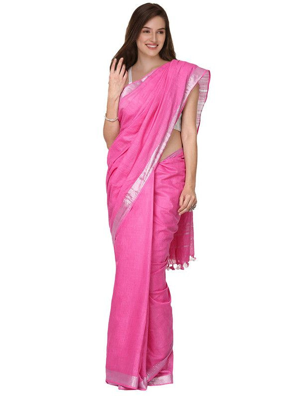 Fine Pink women's Cotton Slub Saree With Blouse Piece