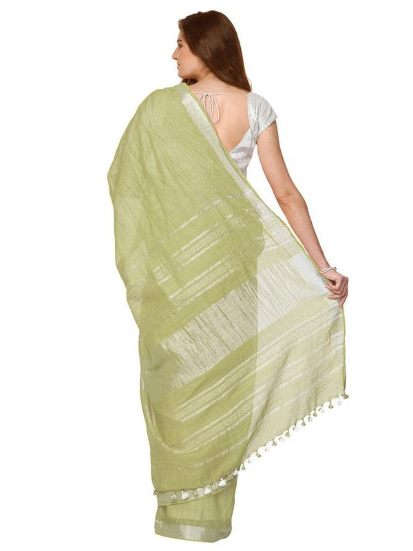 Khaki Green women's Handloom Bhagalpuri Cotton Linen Slub Blend Zari Border Saree Ethnic Wear With Running Unstitched Blouse Piece - View 3