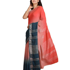 Flame Orange & Cerulean Blue women's Bhagalpuri Handloom Linen Slub Blend Two Dye Saree With Running Unstitched Blouse Piece - View 5