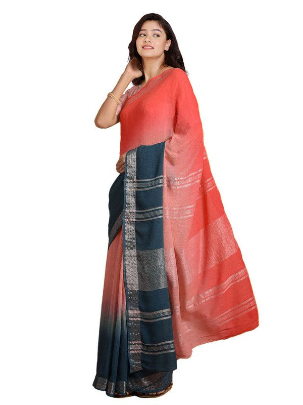 Flame Orange & Cerulean Blue women's Bhagalpuri Handloom Linen Slub Blend Two Dye Saree With Running Unstitched Blouse Piece - View 5