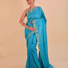 Handloom Bhagalpuri Silk Striped Sequins Saree with Blouse Piece (Cyan) - View 2