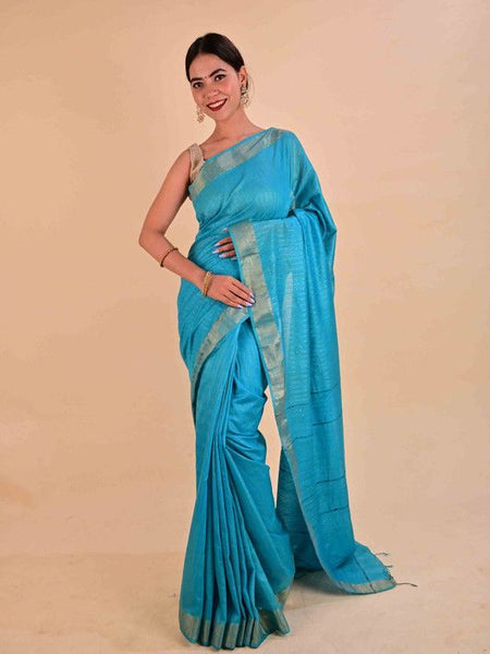 Handloom Bhagalpuri Silk Striped Sequins Saree with Blouse Piece (Cyan) - View 2