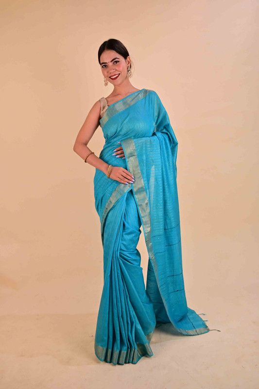 Handloom Bhagalpuri Silk Striped Sequins Saree with Blouse Piece (Cyan) - View 2