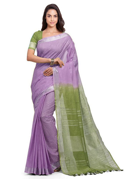 Mauve Purple & Dark Moss women's Handloom Bhagalpuri Linen Blend Two Dye Saree With Running Unstitched Blouse Piece