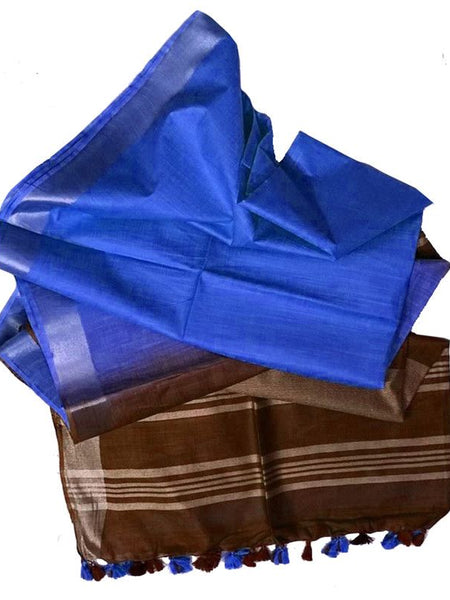 Caput Brown & Brandeis Blue women's Ethnic Wear Bhagalpuri Handloom Cotton Linen Blend Two Dye Saree With Running Unstitched Blouse Piece