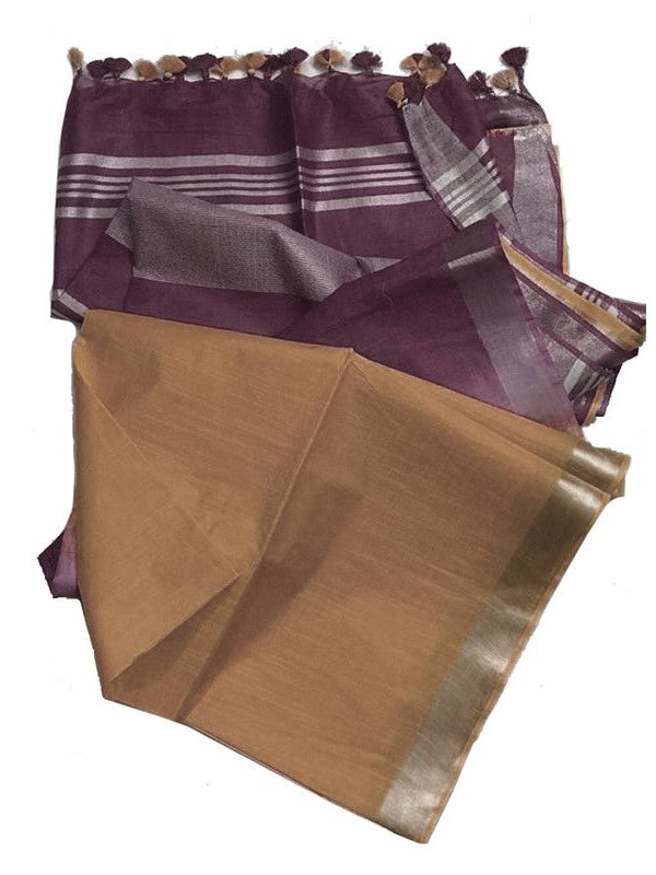 Cordovan Brown & Fallow Brown women's Ethnic Wear Bhagalpuri Handloom Cotton Slub Blend Two Dye Saree With Running Unstitched Blouse Piece - View 2