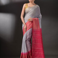 Handloom Multi Dye Bhagalpuri Semi Tussar Silk Saree with Blouse Piece (Troit_Grey & Poppy_Pink)