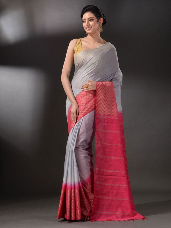Handloom Multi Dye Bhagalpuri Semi Tussar Silk Saree with Blouse Piece (Troit_Grey & Poppy_Pink)