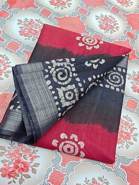 Linen Cotton Blend Handloom Bandhani Dye Batik Print Saree (SLBR_Red & Black)