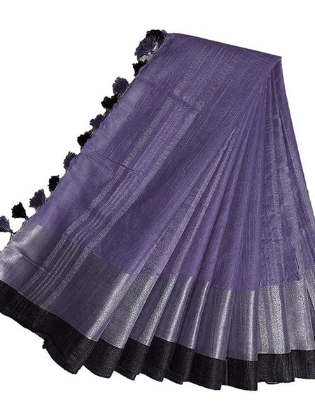 Bhagalpuri Handloom  Linen Slub Blend Saree With Black Pipin Contrast Blouse Piece
