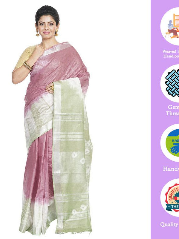 Cordovan Brown & Tea Green women's Bhagalpuri Handloom Cotton Linen Slub Blend Tie Two Dye (Sibory Two Dye) Saree With Running Unstitched Blouse Piece - View 2