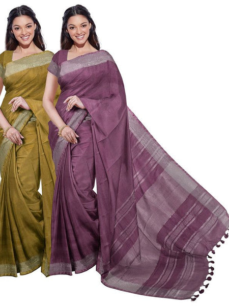 Olive Green & Quinacridone Magenta women's Bhagalpuri Handloom Cotton-Linen Blend Saree Combo (Pack Of 2) With Running Unstiched Blouse Piece
