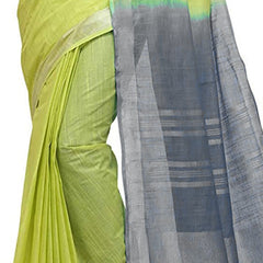 Lime Green & Grey women's Handloom Bhagalpuri Linen Cotton Slub Blend Two Dye Saree With Running Unstitched Blouse Piece - View 5