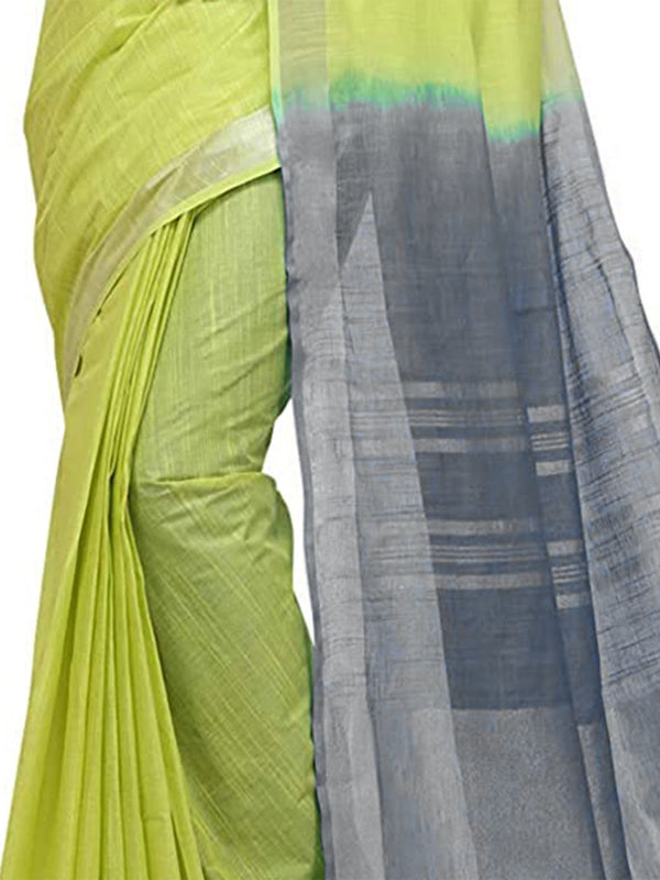 Lime Green & Grey women's Handloom Bhagalpuri Linen Cotton Slub Blend Two Dye Saree With Running Unstitched Blouse Piece - View 5