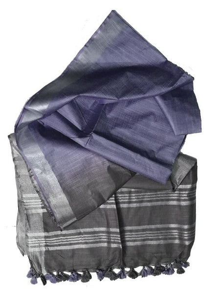 Grey & Ultra Violet women's Ethnic Wear Bhagalpuri Handloom Linen Slub Blend Two Dye Saree With Running Unstitched Blouse Piece