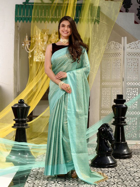 Handloom Cotton Tissue Silk Designer Weaving Motif Saree (Aquamarine_Turquoise) - View 2