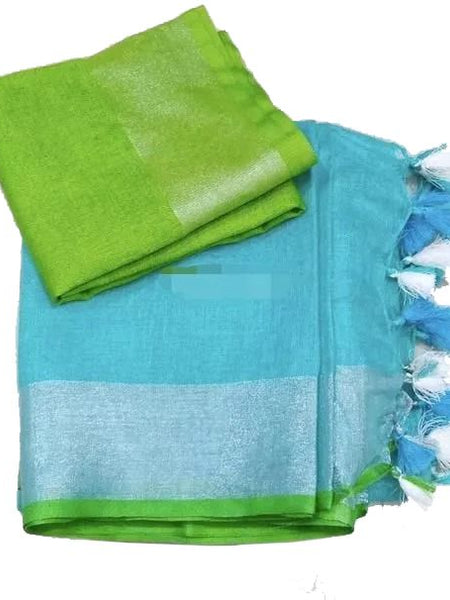Robbin Egg Blue women's Bhagalpuri Blend Linen Saree With Contrast Blouse Piece - View 3