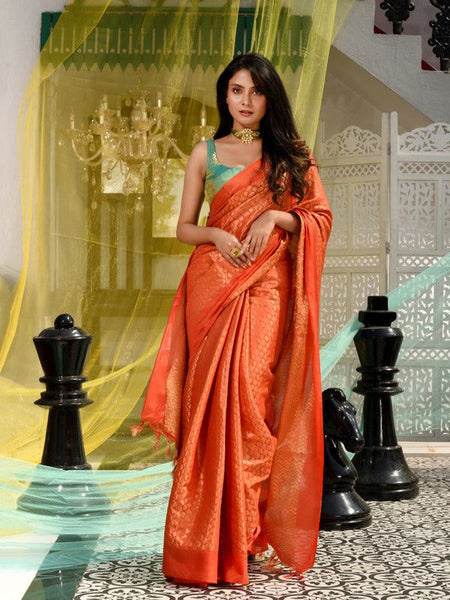 Zari Weaving Handloom Designer Bhagalpuri Saree (Rusty_Orange)