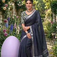 Handwoven Linen Blend Saree With Running Blouse Piece(Grey)