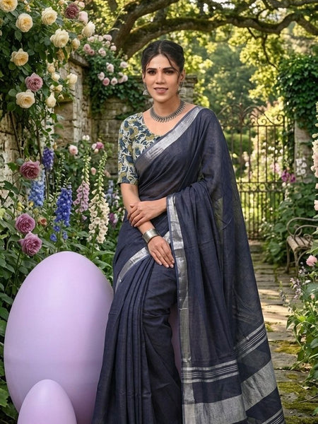 Handwoven Linen Blend Saree With Running Blouse Piece(Grey)