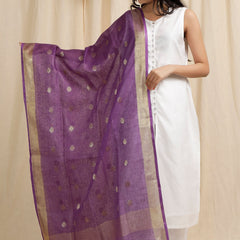 Gold Zari Handloom Linen Weaving Motif Dupatta for women's (Purple)