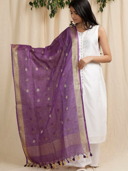 Gold Zari Handloom Linen Weaving Motif Dupatta for women's (Purple)