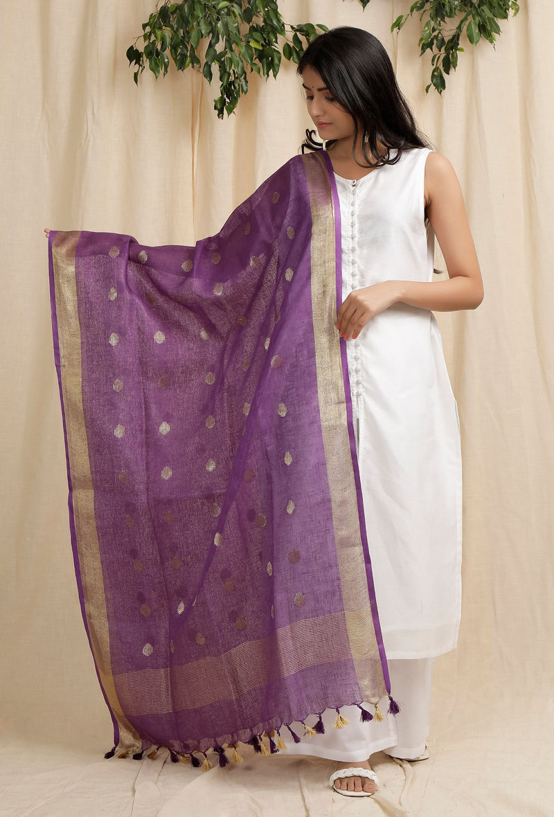 Gold Zari Handloom Linen Weaving Motif Dupatta for women's (Purple)