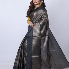 Handloom Bhagalpuri Cotton Munga Silk Geometric Zari Weaving Designer Black Saree
