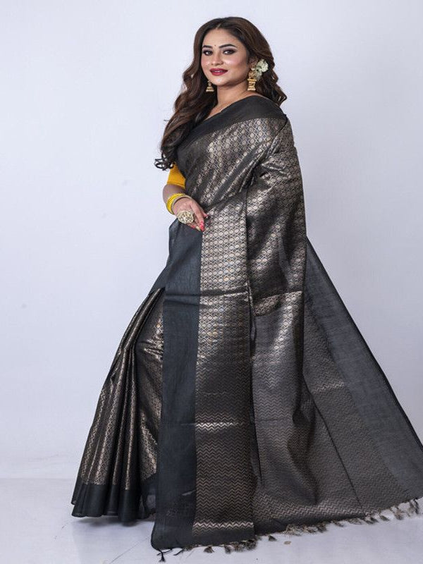 Handloom Bhagalpuri Cotton Munga Silk Geometric Zari Weaving Designer Black Saree