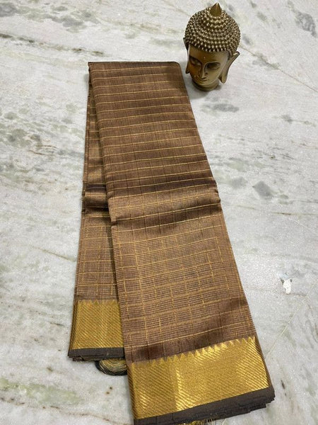Cotton Silk Handloom Bhgalpuri Check Saree with Gold Zari Border with Blouse Piece for Women (100153 Dounie_Brown)