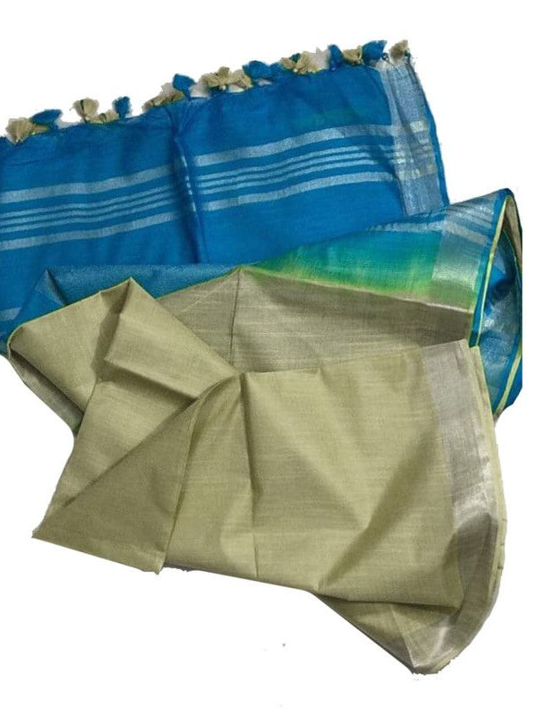 Pacific Cyan & Khaki Tan women's Bhagalpuri Ethnic Wear Handloom Cotton Linen Blend Zari Border Two Dye Saree With Running Unstitched Blouse Piece