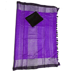 Bhagalpuri Handloom women's Linen Slub Blend Saree With Black Pipin Contrast Blouse Piece - View 3