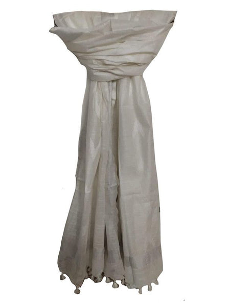 Linen Cotton Blend Zari Weaving Handloom Ikkat Dupatta (12027 White)