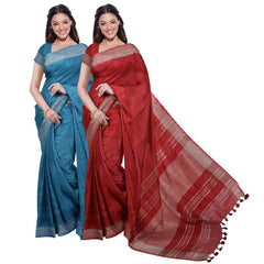 Cerulean Blue & Red women's Bhagalpuri Handloom Cotton-Linen Blend Saree Combo (Pack Of 2) With Running Unstiched Blouse Piece