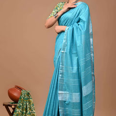 Linen Cotton Blend Handloom Bhagalpuri Saree with Zari Border (12797 Peloruese_Cyan ) - View 2