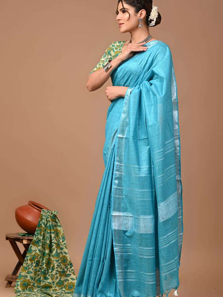 Linen Cotton Blend Handloom Bhagalpuri Saree with Zari Border (12797 Peloruese_Cyan ) - View 2