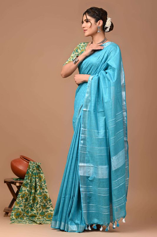 Linen Cotton Blend Handloom Bhagalpuri Saree with Zari Border (12797 Peloruese_Cyan ) - View 2