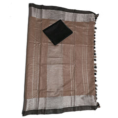 Brown Bhagalpuri Handloom women's Linen Blend Saree With Black Contrast Blouse Piece - View 5