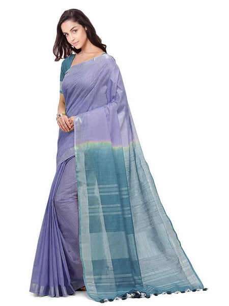 Pale Purple & Cerulean Blue women's Bhagalpuri Handloom Linen Cotton Blend Two Dye Saree With Running Unstitched Blouse Piece - View 4